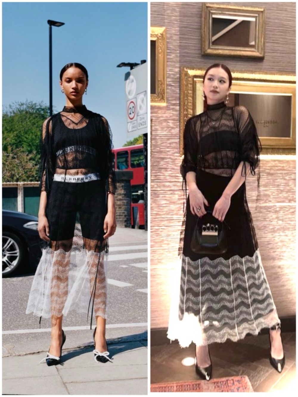 NWT Burberry Black Lace Overlay Midi Dress with White Lace Hem US 2